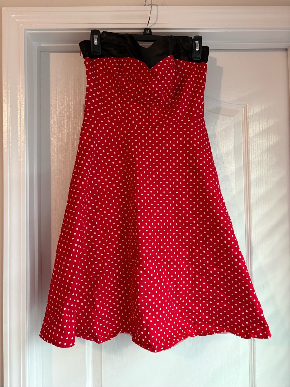 Red Polka Dot Halter Midi Dress with Black Trim